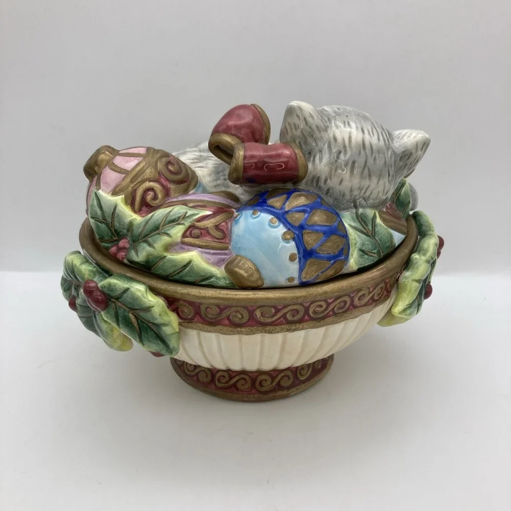 Fitz &Floyd Christmas Kitty In Bowl Lidded Footed Bowl Ornaments Candy 2005